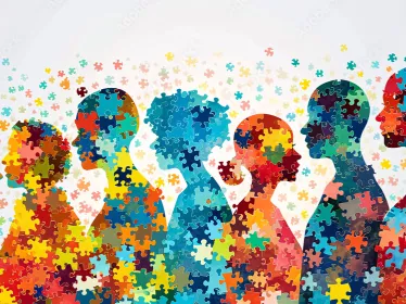Les silhouettes d'un groupe de personnes sont représentées sous forme de puzzle. Le concept d'unité et de diversité des individus est ainsi illustré.